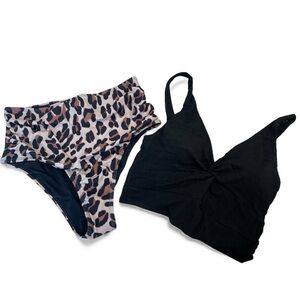 Cupshe Black Twist Keyhole Bikini Top & Leopard Bottoms Set Animal Print Boho
